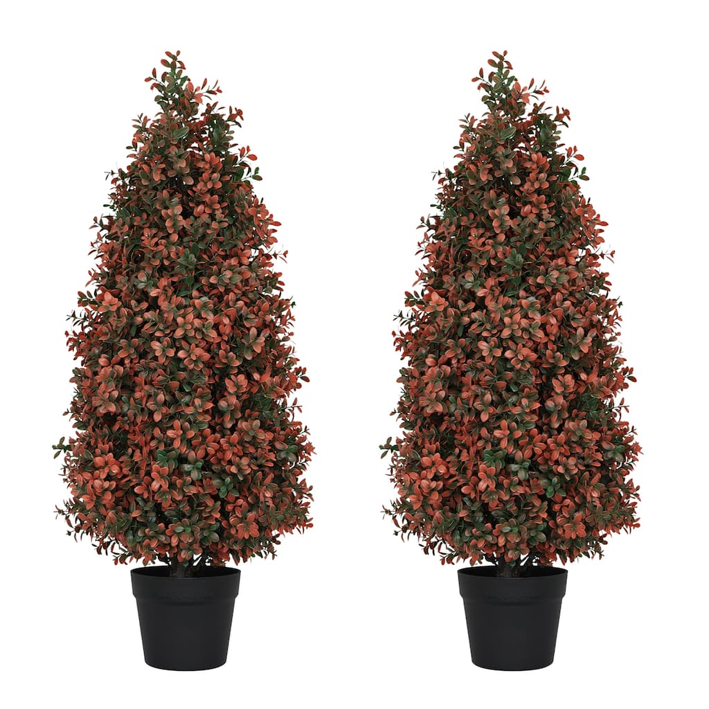 2-Pack 3FT Red Artificial Boxwood Topiary Trees