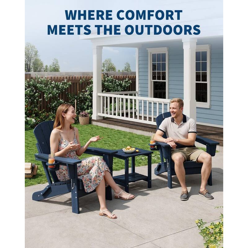 Adirondack Chair Set of 2 with Side Table All-Weather HDPE Wood-Look Texture Cup Holders