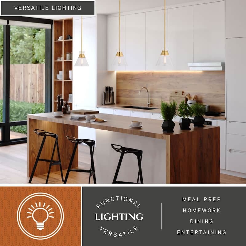 VAXCEL Harper 1-Light 8.5 in. Wide Natural Brass Gold Mid-Century Modern Mini Pendant with Clear Glass Cone Shade