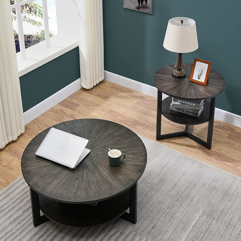 Round Coffee Table with Solid Wood Storage Circle Center Table