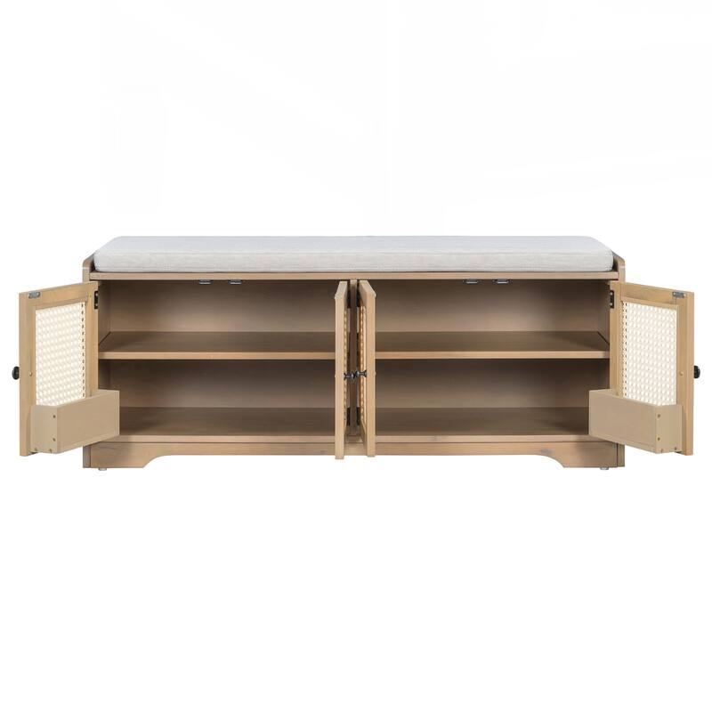 Rustic Storage Bench Multifunctional Wood Entryway Shoe Bench with Removable Cushion, Woven Rattan Doors & Adjustable Shelves