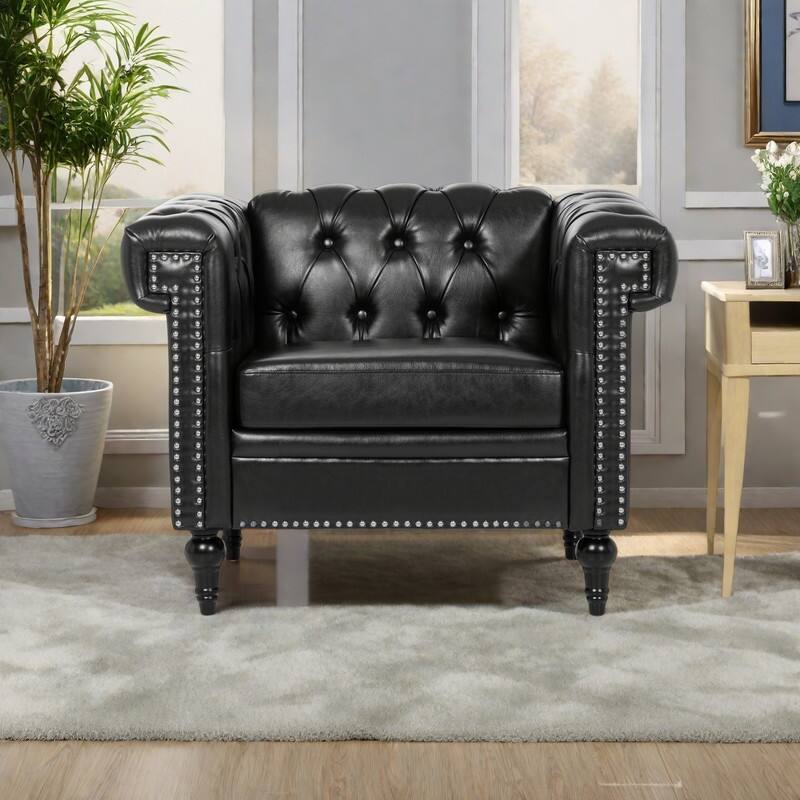 PU Leather Accent Chair with Solid Wood Frame, Pocket Spring Cushion, and 220lb Capacity - Black