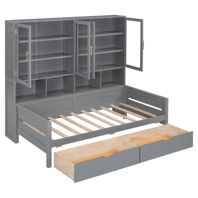 Twin Size Wooden Daybed with Glass-Door Storage Cabinets, Built-in LED Lighting and Shelves Bedrooms Compact Daybed