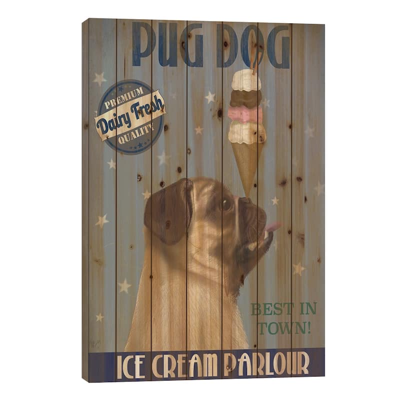 Pug, Fawn, Ice Cream Print On Wood by Fab Funky - Multi-Color - 26x18x1.5