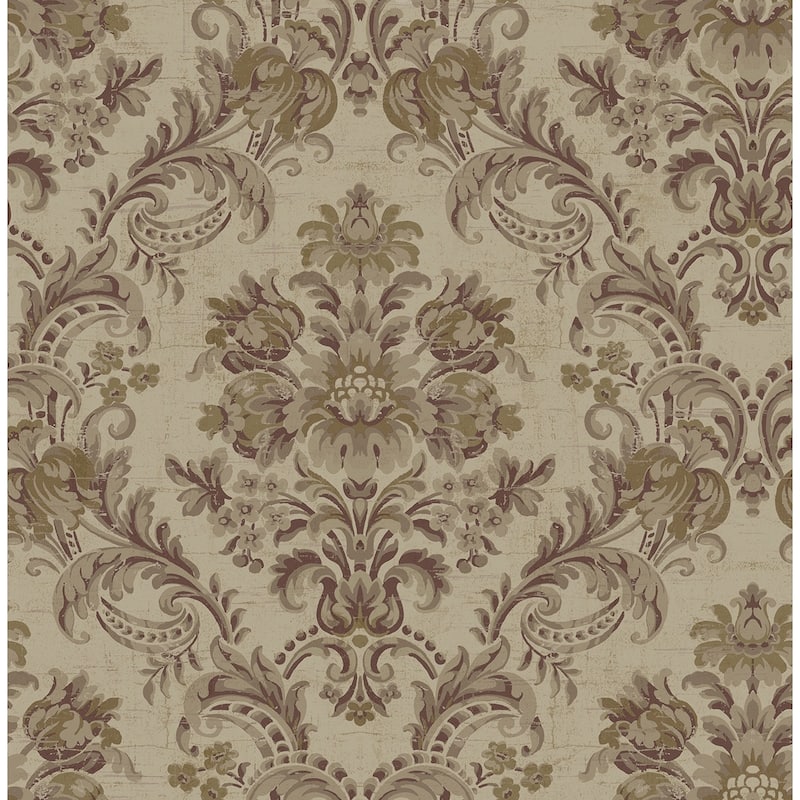 Seabrook Designs Berit Floral Damask Unpasted Wallpaper - 20.5 in. W x 33 ft. L - Metallic Taupe & Plum