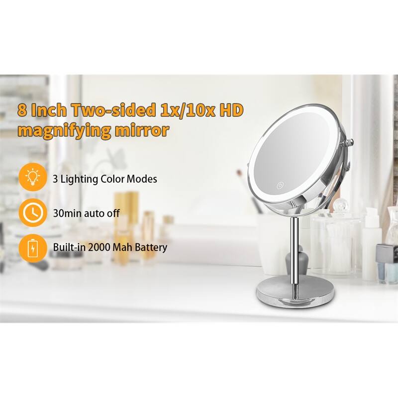 1X/10X 360 Rotation Makeup Mirror w/ Lights, 3 Color Lighting Dimmable