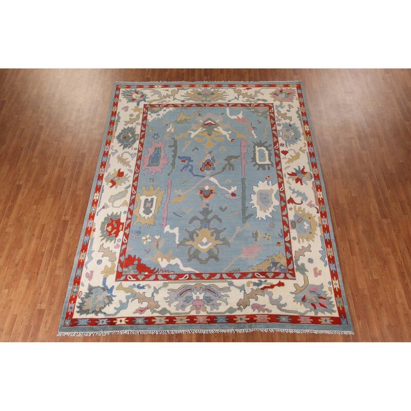 Light Blue Oushak Area Rug Hand-Knotted Floral Wool Carpet - 8'11"x 11'8"