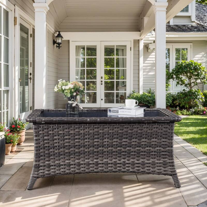 Outdoor Coffee Table with Tempered Glass Top - Grey