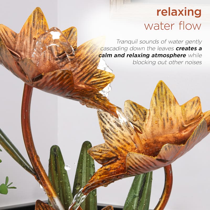 Alpine Corporation 13"H Indoor Multi-Tier Metal Lotus Flower Tabletop Fountain with Stone-Filled Base