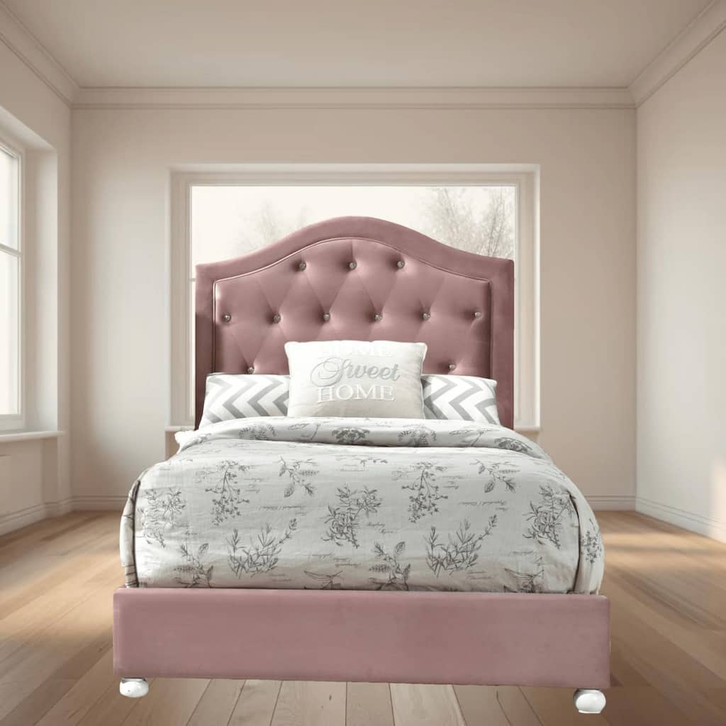 Fabric Twin Bed with Button-Tufted Upholstered Headboard, No Box Spring Needed, Sturdy Wood Legs, Weight Capacity 330 lbs