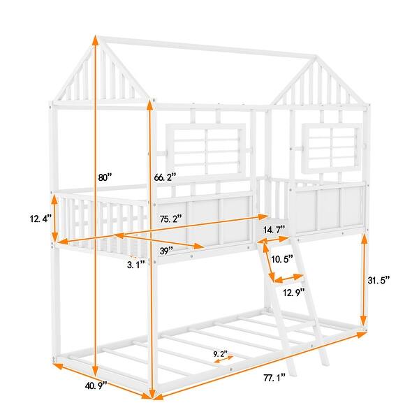 dimension image slide 1 of 2, Metal Low Bunk Bed with Fence-shaped Guardrail