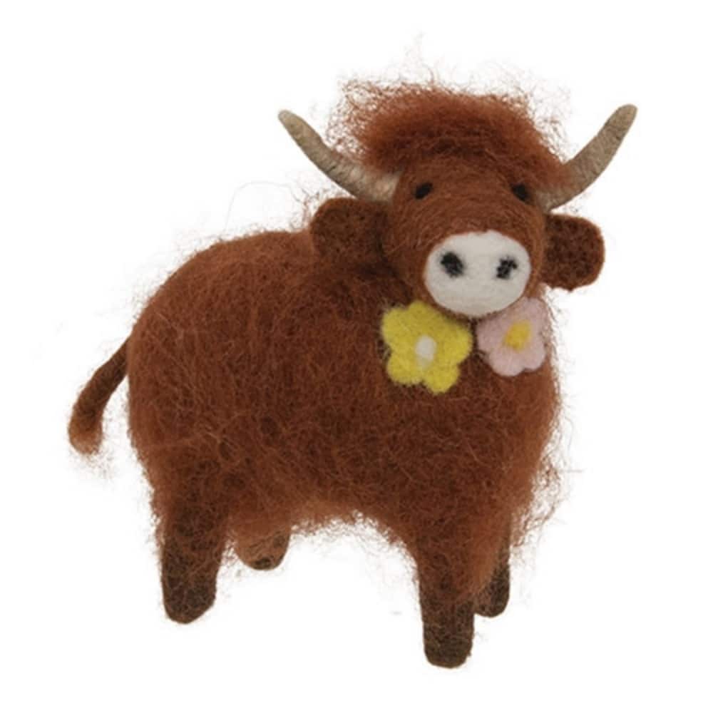 Felted Highland Cow Ornament with Flowers Rustic Holiday Decor - 4-Inch