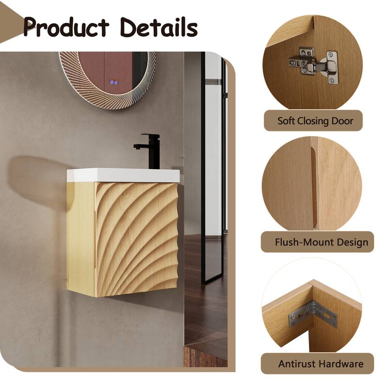GDFStudio - Helsinki 18.5" Modern Wall-Mounted Bathroom Vanity Set with Resin Sink, Soft Closing Door & Antirust Hardware