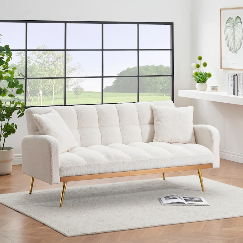 Futon Sleeper Sofa Bed Teddy Fabric Lounge Couch with 3 Speed Adjustable Back, Removable Armrest and Pillows for Small Space