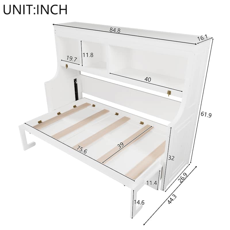 GDFStudio - Modern Wooden Twin Murphy Bed with Desk and Storage Shelves
