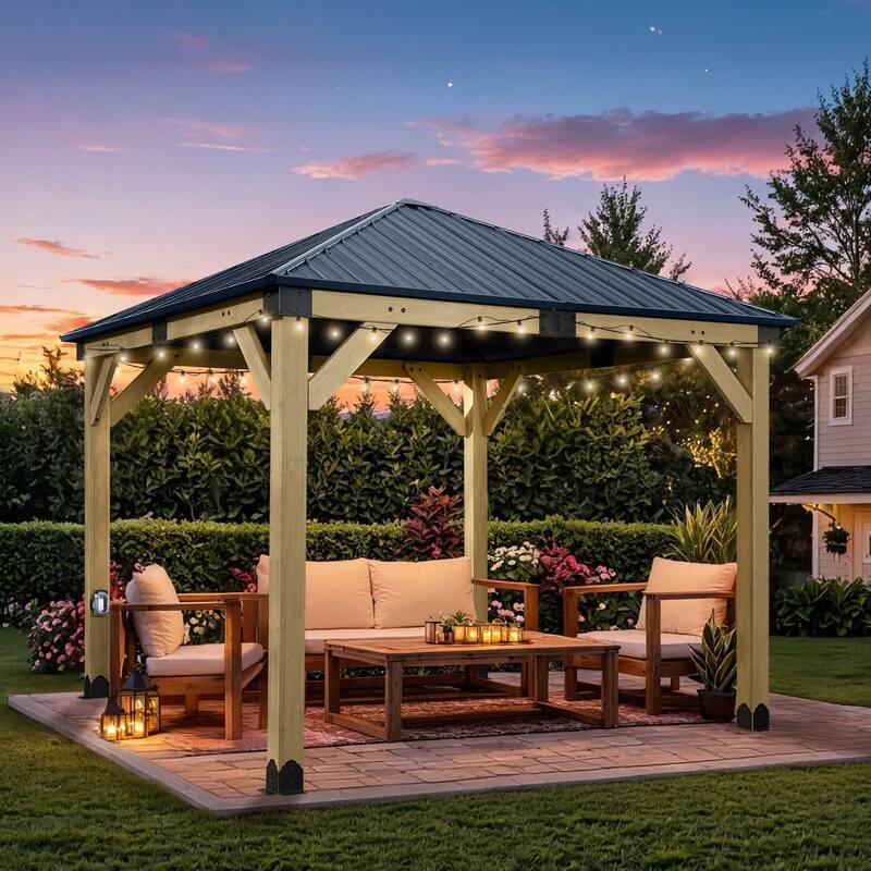 Aoodor 10 x 10 ft Wooden Frame Gazebo with 2-Tier Galvanized Metal Hardtop Roof, Outdoor Patio Gazebo with Charging Socket