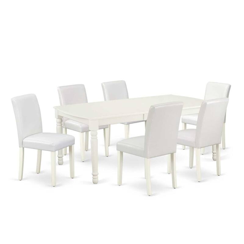 Rectangle Dining Table Set 7Pc - 60x78 Inch Table w/ Leaf & 6 Parsons Chairs - White PU Leather