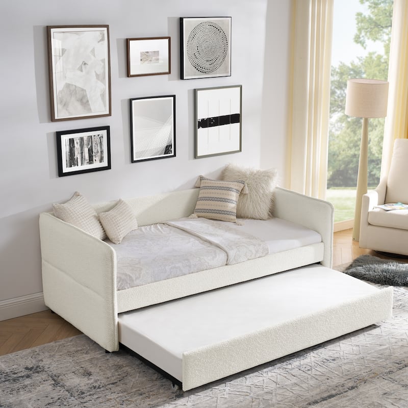 Daybed with Trundle Upholstered Tufted Sofa Bed, Twin Size, Boucle Fabric, Beige (83"x43"x29.5")
