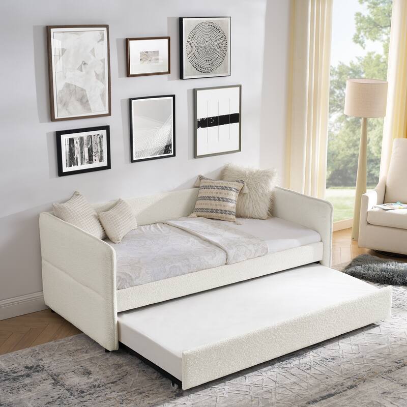 Roomfitters Twin/Full Boucle Daybed with Trundle, Upholstered Sofa Bed Frame with Vertical Stripes, Beige