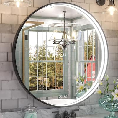 KEONJINN Round LED Bathroom Vanity Wall Mounted Metal Framed Mirror 3 Color