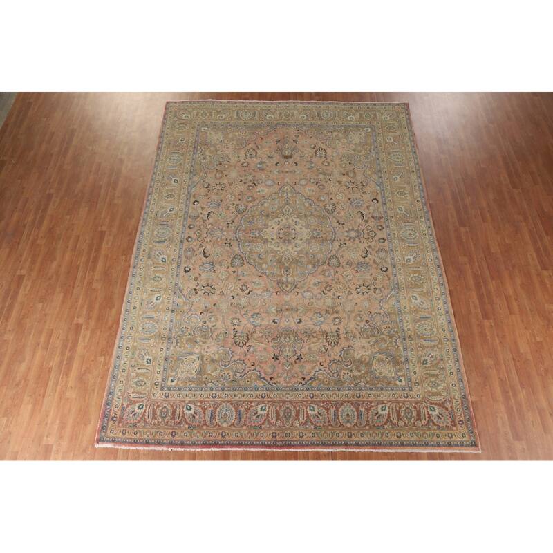 Hand Knotted Oriental 100% Wool Carpet Traditional Floral Coral Mashad Area Rug - 12' 11'' X 9' 6''