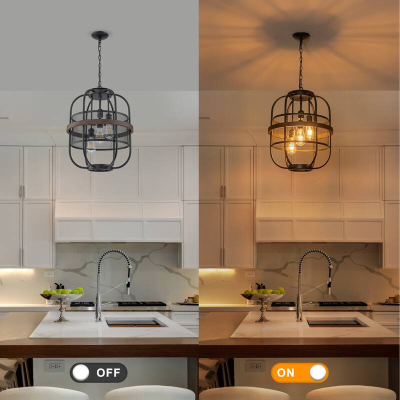 4-Light Industrial Farmhouse Black Lantern Mesh Pendant Chandelier - Dia.17.24-in