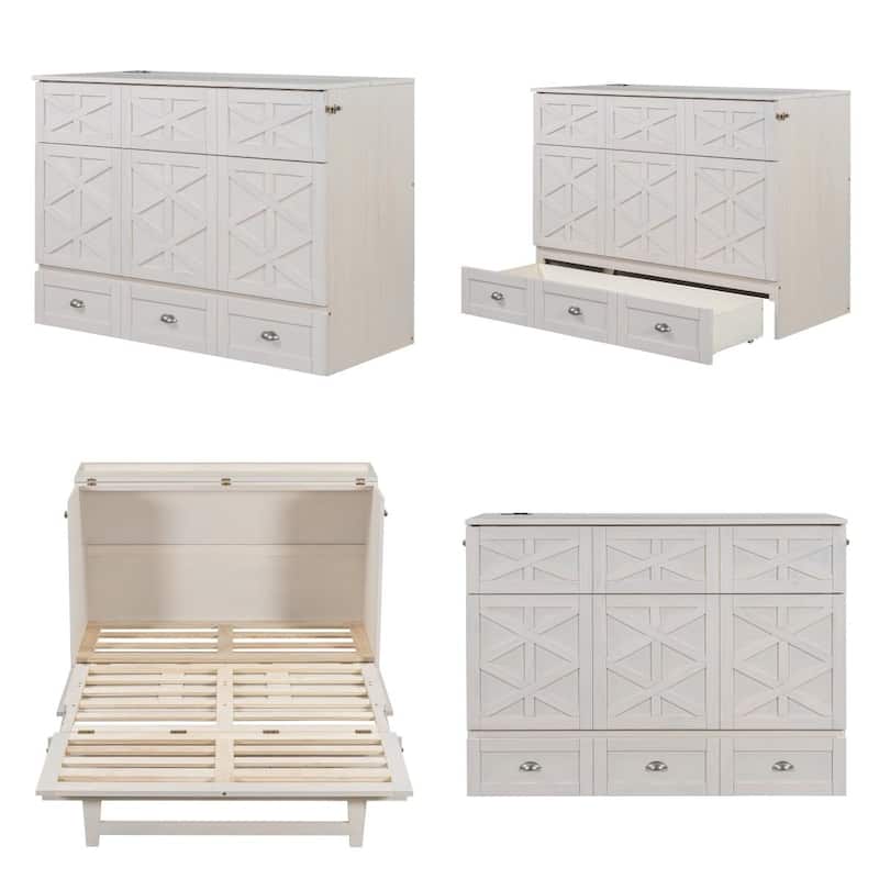 Full Size Wood Murphy Bed with Drawer,USB Port and Three-Prong Outlets