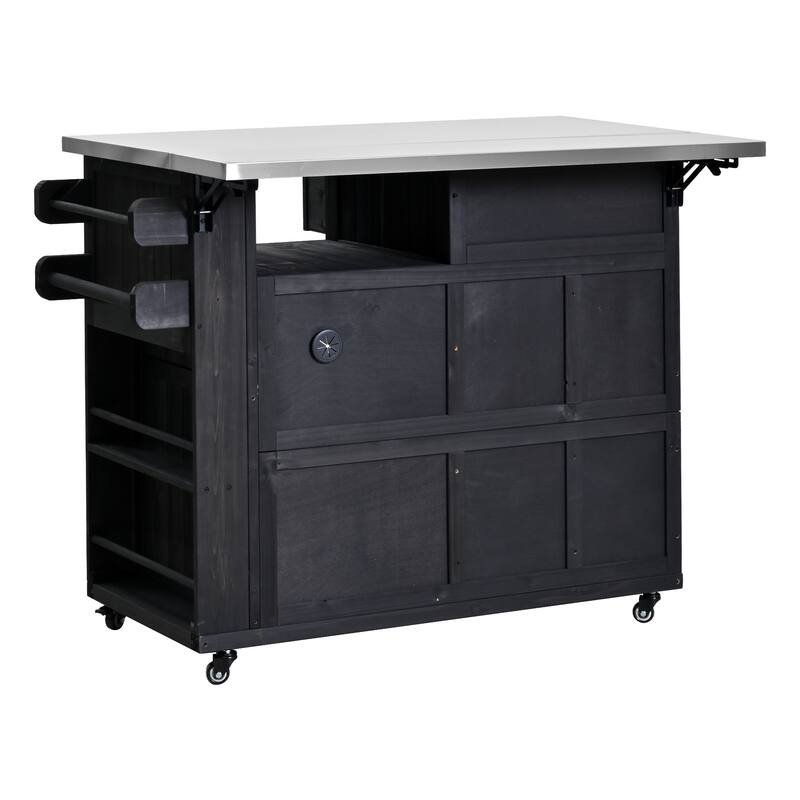 Extendable 41.9" Outdoor Kitchen Island with Stainless Steel Top and Side Spice Rack, Kitchen Cart with Drawers, Storage Cabinet