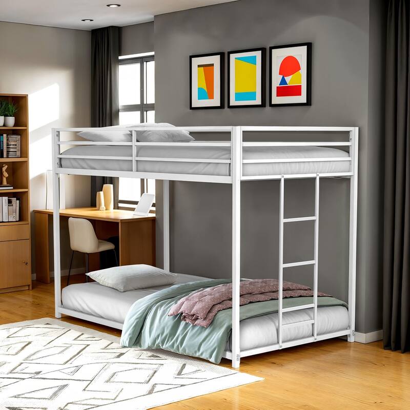 Twin Over Twin Metal Low Bunk Bed with Attached Ladder and Full Metal Construction