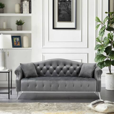 Upholstered Sofa with Rolled Arms, Silver Metal Legs and 2 Pillows