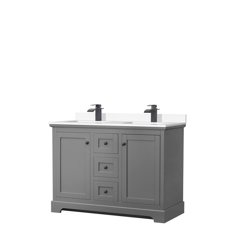 Avery 48 Inch Double Vanity, Cultured Marble Top - Dark Gray, Black Trim, White Cultured Marble Top