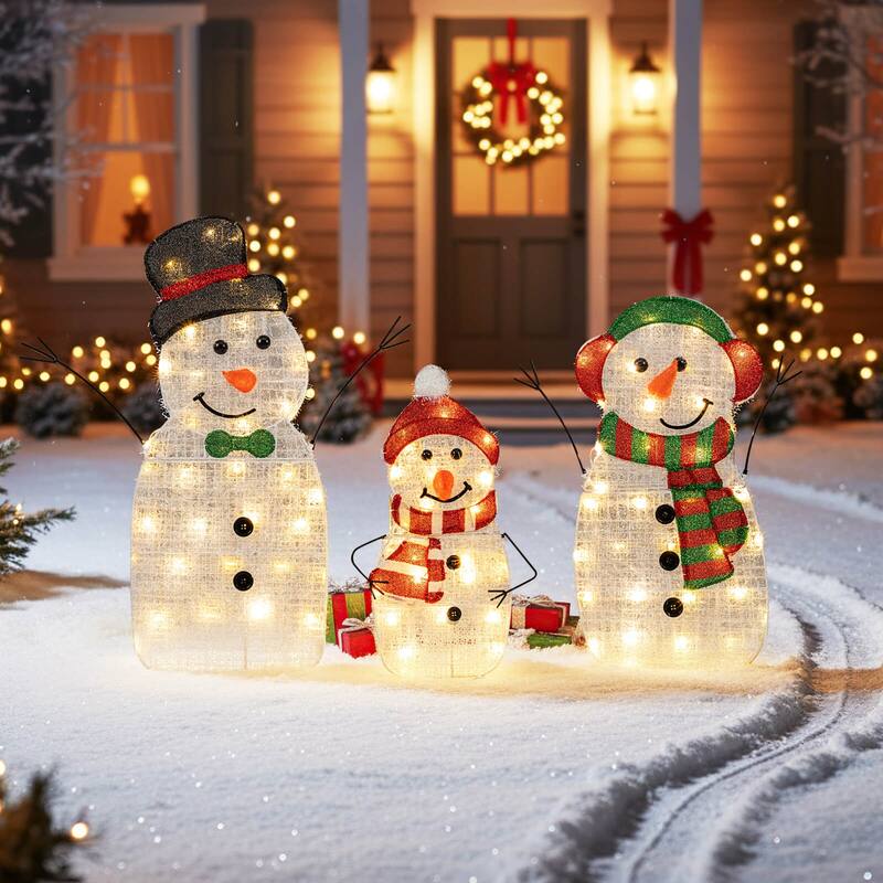 Costway 3PCS Pre-Lit 2D Snowman Set with LED Lights for Home Lawn Yard - as pic shows - See Details