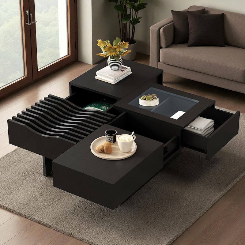 33'' Mid-Century Modern Square Coffee Table with 3 Drawers, Tempered Glass Top, Solid Wood Legs for Living Room