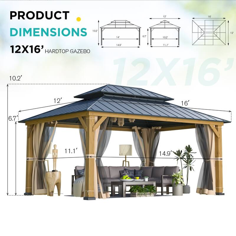 Cedar Wood Gazebo for Outdoors - Hardtop Waterproof Backyard Pergola, Natural Wood Patio Cover with Easy Assembly