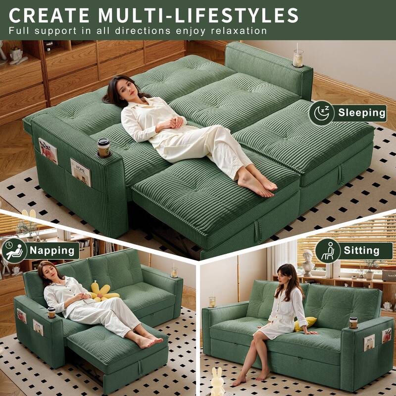 Multi-Functional Corduroy Loveseat Couch Convertible Sleeper Sofa Bed with Cup Holders and Side Pockets for Sitting, Sleeping
