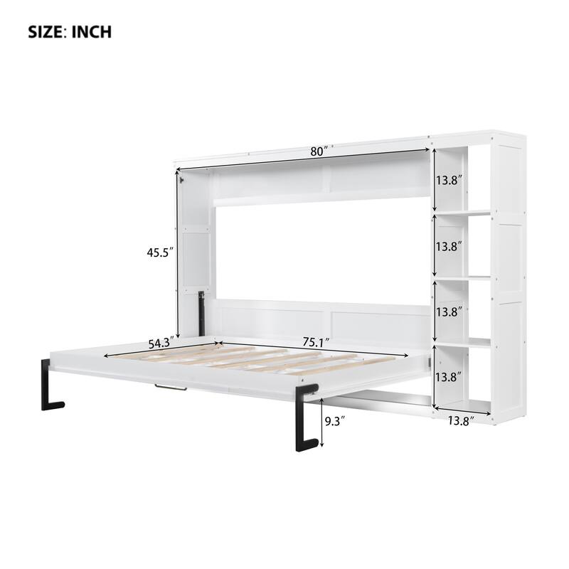Space-Saving Full Size Murphy Bed with Bookshelf and Storage, White