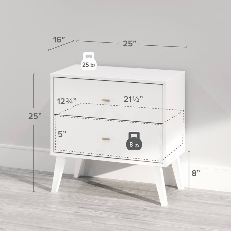 Prepac Milo Mid-Century Modern 2 Drawer Nightstand, Bedside Table, Contemporary Bedroom Furniture