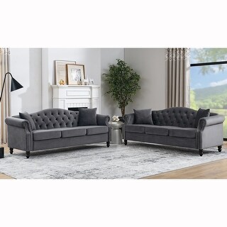 Grey Classic Chesterfield Velvet Sofa Set with Pillows (2x 3 Seater ...