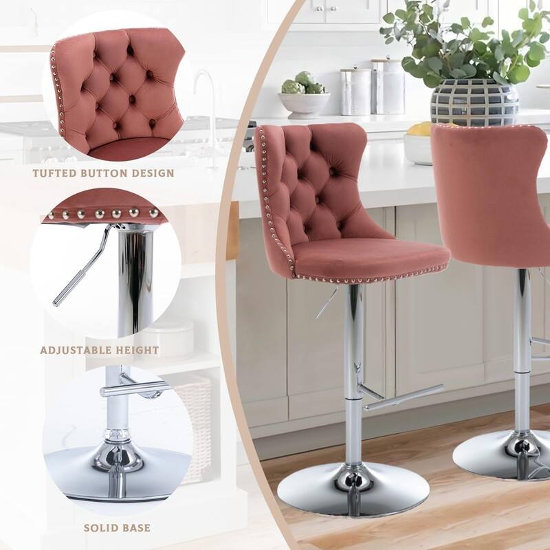 Velvet Upholstered Nailheads Tufted Swivel Bar Stools (Set of 6)