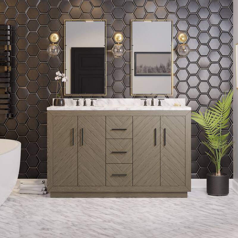 KitchenBathCollection Peyton 60" Double Bathroom Vanity with Carrara Marble Top - Gray Oak