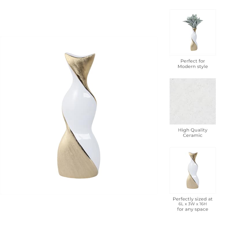 Contemporary Ceramic Twisted Vase -White and Gold Floral Vase