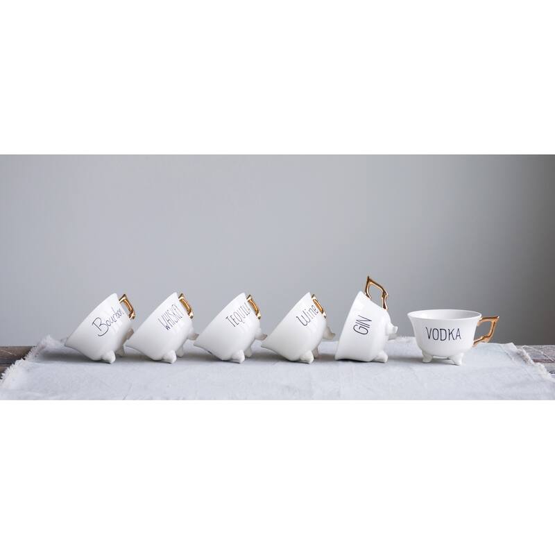 Stoneware Footed Teacup with Saying and Gold Electroplating, Set of 6 Styles