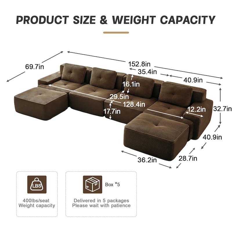 153" Modular Corduroy Sectional Sofa, U-Shaped Couch with Ottoman