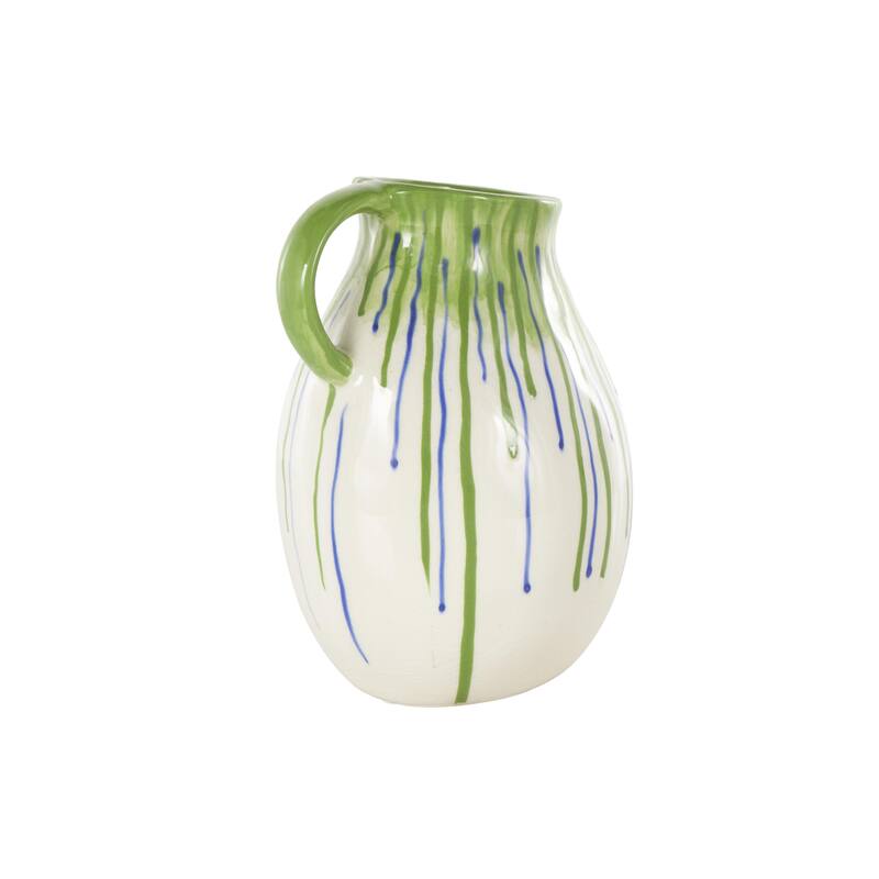 Ceramic Abstract Decorative Vase with Green and Blue Drip Design and Handles - White - Roche River Decor