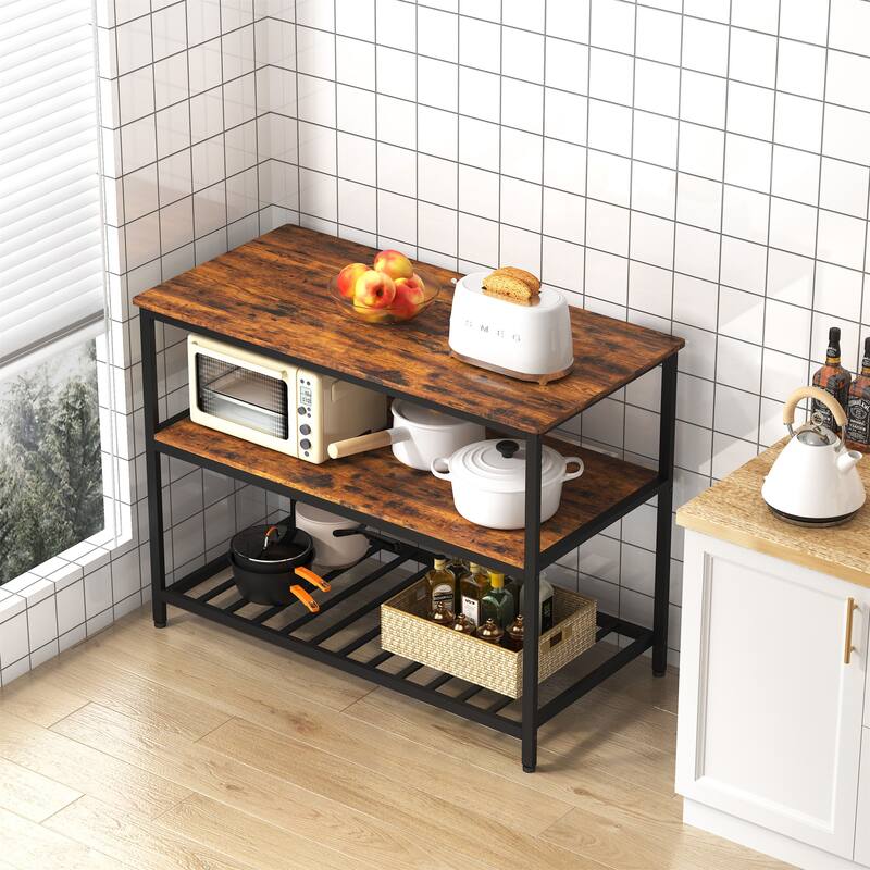 Kitchen Island with 3 Shelves Large Worktop & Steel Frame, Rustic Brown ...