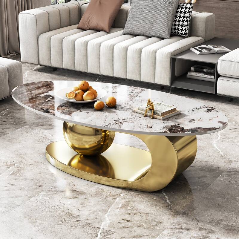 51 Inches Oval Faux Marble Coffee Table for Living Room with Stainless Steel Base - Gold,Multi