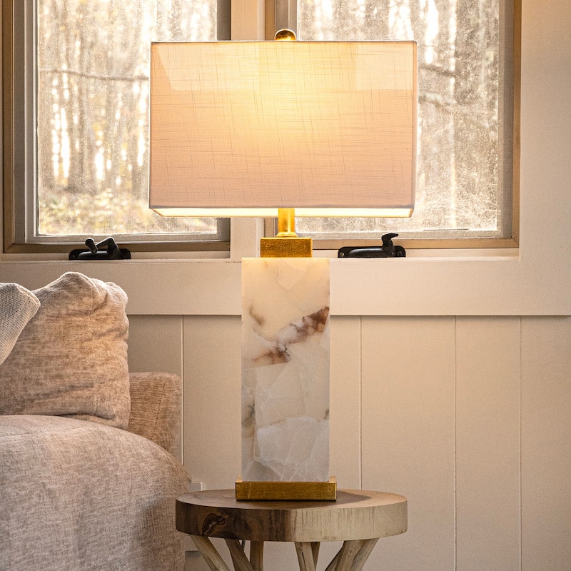 Eloise 27.5" Alabaster LED Table Lamp, White/Gold Leaf by JONATHAN Y