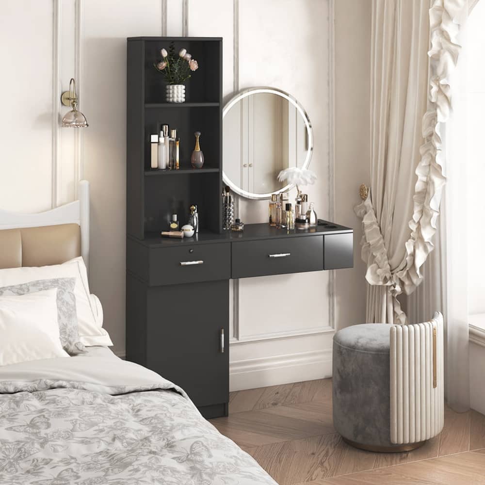 Roomfitters Modern Vanity Table with Storage Shelves, Multi-Layer Makeup Desk with Drawers and Cabinet