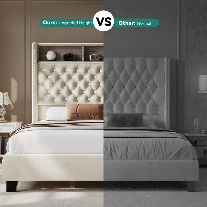 Moasis King Size Velvet Upholstered Bed Frame with Storage Headboard with USB Charging Stations