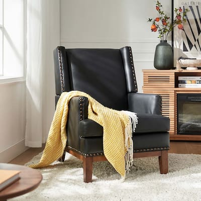 Lourdes Genuine Leather Armchair with Solid Wood Frame and Removable Seat Cushion by HULALA HOME